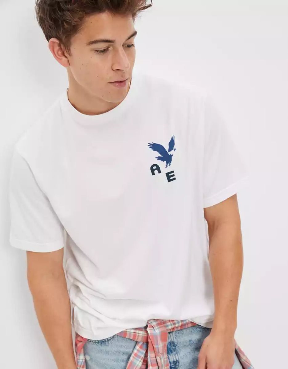 T Shirt Graphique American Eagle AE Super Soft Logo Blanche Homme | MTW-71116467